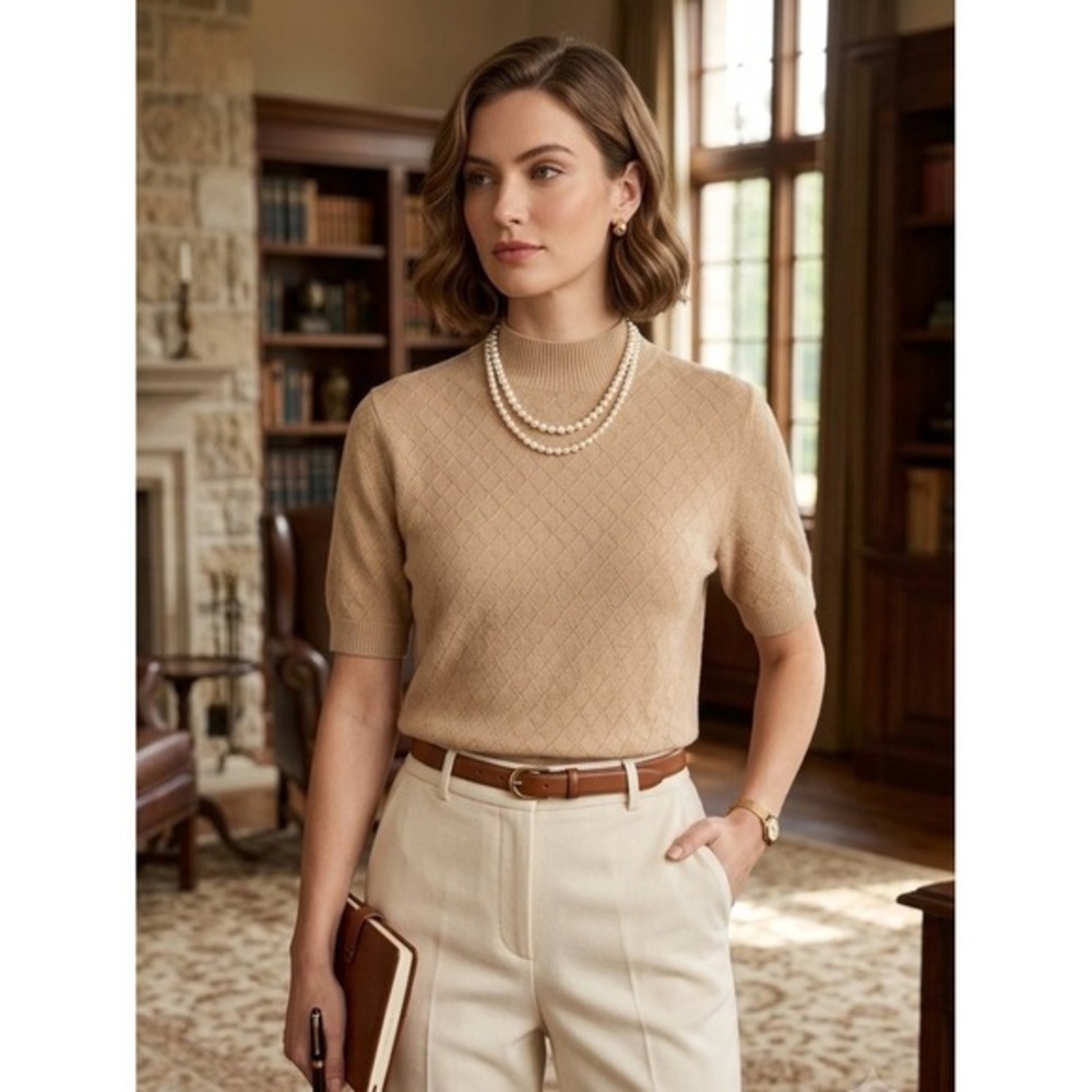 Vernacular Tan Diamond Knit Short Sleeve Sweater M Quiet Luxury Neutral Preppy